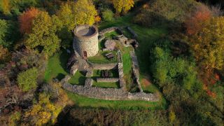 Link to Video | landscape, bird's-eye view, Saarland, autumn, castle ruin, Germany, aerial shot, nature