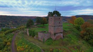 Link to Video | landscape, bird's-eye view, Saarland, autumn, castle ruin, Germany, aerial shot, nature