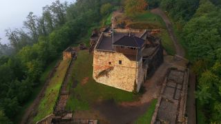 Link zum Video | Landschaft, Vogelperspektive, Saarland, Herbst, Burgruine, Deutschland, Luftaufnahme, Natur