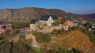 Link to Video | bird's-eye view, Rhineland-Palatinate, Nahe, Germany, Rotenfels, aerial shot, Bad Münster am Stein-Ebernburg, Rotenfels, Nahetal, Ebernburg Castle