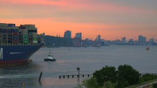 Link to Video | Hamburg, cargo ship, transport, cargo shipping, maritime transport, Elbe, container ship, Germany, mode of transport, river, port, transport, morning