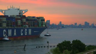 Link to Video | Hamburg, cargo ship, transport, cargo shipping, maritime transport, Elbe, container ship, Germany, mode of transport, river, port, transport, morning