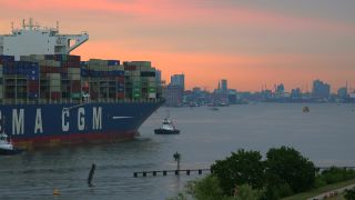 Link to Video | Hamburg, cargo ship, transport, cargo shipping, maritime transport, Elbe, container ship, Germany, mode of transport, river, port, transport, morning