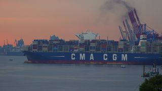 Link to Video | Hamburg, cargo ship, transport, cargo shipping, maritime transport, Elbe, container ship, Germany, mode of transport, river, port, transport, morning
