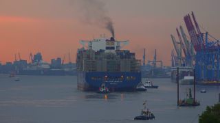 Link to Video | Hamburg, cargo ship, transport, cargo shipping, maritime transport, Elbe, container ship, Germany, mode of transport, river, port, transport, morning