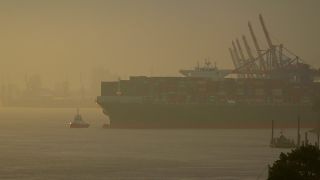 Link to Video | Hamburg, cargo ship, waterway, cargo shipping, Großes Containerschiff, Elbe, container ship, logistics, Germany, Seeschifffahrtsstraße, mode of transport, sea shipping, transport infrastructure, river, port, container shipping, transport, morning, thoroughfare