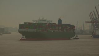Link to Video | Hamburg, cargo ship, waterway, cargo shipping, Großes Containerschiff, Elbe, container ship, logistics, Germany, Seeschifffahrtsstraße, mode of transport, sea shipping, transport infrastructure, river, port, container shipping, transport, morning, thoroughfare