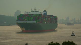Link to Video | Hamburg, cargo ship, waterway, cargo shipping, Großes Containerschiff, Elbe, container ship, logistics, Germany, Seeschifffahrtsstraße, mode of transport, sea shipping, transport infrastructure, river, port, container shipping, transport, morning, thoroughfare