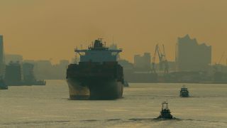 Link to Video | Hamburg, cargo ship, waterway, cargo shipping, Großes Containerschiff, Elbe, container ship, logistics, Germany, Seeschifffahrtsstraße, mode of transport, sea shipping, transport infrastructure, river, port, container shipping, transport, morning, thoroughfare
