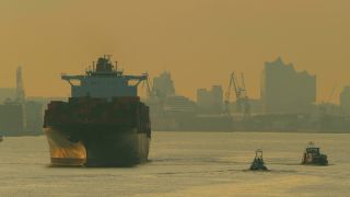 Link to Video | Hamburg, cargo ship, waterway, cargo shipping, Großes Containerschiff, Elbe, container ship, logistics, Germany, Seeschifffahrtsstraße, mode of transport, sea shipping, transport infrastructure, river, port, container shipping, transport, morning, thoroughfare