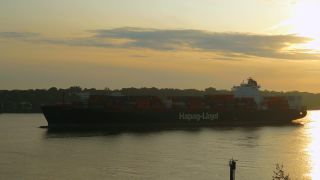 Link to Video | Hamburg, cargo ship, waterway, cargo shipping, Großes Containerschiff, Elbe, container ship, logistics, Germany, Seeschifffahrtsstraße, mode of transport, sea shipping, transport infrastructure, river, port, container shipping, transport, morning, thoroughfare