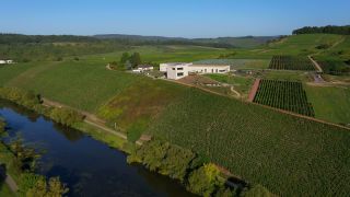 Link to Video | bird's-eye view, Rhineland-Palatinate, Saar, winery, Wiltingen, Germany, wine-producing region, vineyard, viticulture, aerial shot