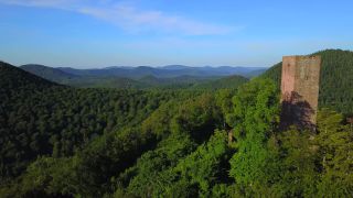 Link to Video | landscape, bird's-eye view, Rhineland-Palatinate, Germany, Annweiler am Trifels, Palatinate, forest, aerial shot, Palatinate Forest, nature, milieu