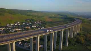 Link to Video | bird's-eye view, Rhineland-Palatinate, bridge, Verkehr, Germany, wine-producing region, vineyard, viticulture, aerial shot, transport, architectural structure, thoroughfare, Moselle Valley
