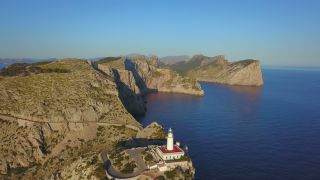 Link to Video | Cap de Formentor, bird's-eye view, tourist destination, sea, steep coast, cape, island, landform, Spain, aerial shot, Mediterranean Sea, tourist attraction, Balearic Islands, Vogelperspektive, Mediterranean Basin, Mallorca, coast, mediterranean sea