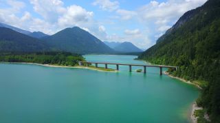Link to Video | Upper Bavaria, landscape, bird's-eye view, bridge, Alps, reservoir, Germany, Sylvenstein Dam, mountain range, aerial shot, turquoise, Bavarian Alps, nature, Sylvensteinsee, Bavaria