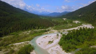 Link to Video | Upper Bavaria, Isar, landscape, bird's-eye view, Alps, Germany, Gebirge, Isartal, river, forest, mountain range, aerial shot, Wallgau, nature, wilderness