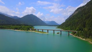 Link to Video | Upper Bavaria, landscape, bird's-eye view, bridge, Alps, reservoir, Germany, Sylvenstein Dam, mountain range, aerial shot, turquoise, Bavarian Alps, nature, Sylvensteinsee, Bavaria
