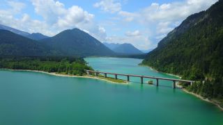 Link to Video | Upper Bavaria, landscape, bird's-eye view, bridge, Alps, reservoir, Germany, Sylvenstein Dam, mountain range, aerial shot, turquoise, Bavarian Alps, nature, Sylvensteinsee, Bavaria