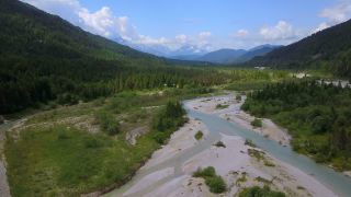 Link to Video | Upper Bavaria, Isar, landscape, bird's-eye view, Alps, Germany, Gebirge, Isartal, river, forest, mountain range, aerial shot, Wallgau, nature, wilderness