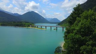 Link to Video | Upper Bavaria, landscape, bird's-eye view, bridge, Alps, reservoir, Germany, Sylvenstein Dam, mountain range, aerial shot, turquoise, Bavarian Alps, nature, Sylvensteinsee, Bavaria