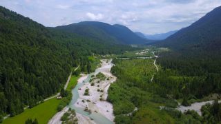 Link to Video | Upper Bavaria, Isar, landscape, bird's-eye view, Alps, Germany, Gebirge, Isartal, river, forest, mountain range, aerial shot, Wallgau, nature, wilderness