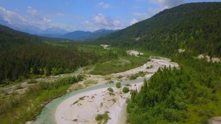 Link to Video | Upper Bavaria, Isar, landscape, bird's-eye view, Alps, Germany, Gebirge, Isartal, river, forest, mountain range, aerial shot, Wallgau, nature, wilderness