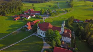 Link to Video | Upper Bavaria, landscape, bird's-eye view, tourist destination, Alps, Wieskirche, Germany, Pfaffenwinkel, Christian Church, mountain range, aerial shot, tourist attraction, Steingaden, Bavaria