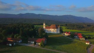 Link to Video | Upper Bavaria, landscape, bird's-eye view, tourist destination, Alps, Wieskirche, Germany, Pfaffenwinkel, Christian Church, mountain range, aerial shot, tourist attraction, Steingaden, Bavaria