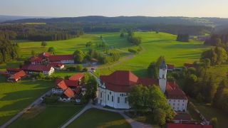 Link to Video | Upper Bavaria, landscape, bird's-eye view, tourist destination, Alps, Wieskirche, Germany, Pfaffenwinkel, Christian Church, mountain range, aerial shot, tourist attraction, Steingaden, Bavaria