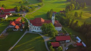 Link to Video | Upper Bavaria, landscape, bird's-eye view, tourist destination, Alps, Wieskirche, Germany, Pfaffenwinkel, Christian Church, mountain range, aerial shot, tourist attraction, Steingaden, Bavaria
