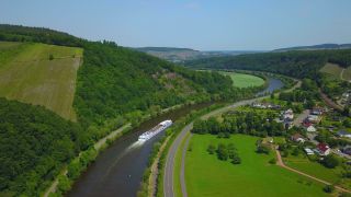 Link to Video | landscape, bird's-eye view, Rhineland-Palatinate, Saar, cruise, Germany, cruise ship, river, aerial shot, nature, Trier-Saarburg
