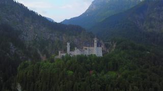 Link to Video | Swabia, landscape, bird's-eye view, tourist destination, Allgäu, Schwangau, Neuschwanstein Castle, mountain range, aerial shot, tourist attraction, nature, architectural structure, Bavaria
