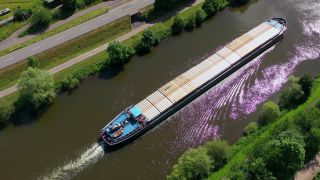 Link to Video | bird's-eye view, Rhineland-Palatinate, canal, transport, cargo shipping, Saar, maritime transport, Germany, mode of transport, watercourse, river, aerial shot, Serrig, transport