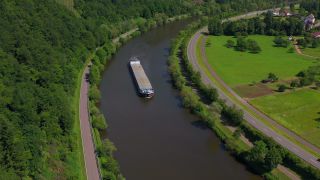Link to Video | bird's-eye view, Rhineland-Palatinate, canal, transport, cargo shipping, Saar, maritime transport, Germany, mode of transport, watercourse, river, aerial shot, Serrig, transport