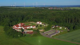 Link to Video | landscape, bird's-eye view, tourist destination, Saarland, Germany, Roman Villa Borg, museum, building, forest, aerial shot, Borg, tourist attraction, Perl, nature