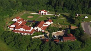 Link to Video | landscape, bird's-eye view, tourist destination, Saarland, Germany, Roman Villa Borg, museum, building, forest, aerial shot, Borg, tourist attraction, Perl, nature