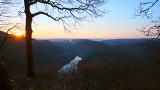 Link to Video | landscape, tree, tourist destination, Saarland, Orscholz, Germany, vegetation, sunrise, river, forest, Saarschleife, Mettlach, tourist attraction, nature