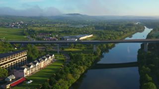 Link to Video | bird's-eye view, Upper Moselle, Moselle, Schengen, wine-producing region, vineyard, viticulture, Luxembourg, Schengen, river, aerial shot, Moselle Valley