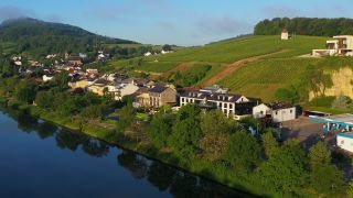 Link to Video | bird's-eye view, Upper Moselle, Moselle, Schengen, wine-producing region, vineyard, viticulture, Luxembourg, Schengen, river, aerial shot, Moselle Valley
