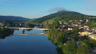 Link to Video | bird's-eye view, Upper Moselle, Moselle, Schengen, wine-producing region, vineyard, viticulture, Luxembourg, Schengen, river, aerial shot, Moselle Valley