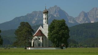 Link to Video | Ostallgäu, Swabia, landscape, tourist destination, Alps, Sankt Coloman in Schwangau, church building, Germany, Alpine foothills, religious building, Schwangau, tourism region, building, sacred architecture, tourist attraction, tourism destination, Allgäu Alps, Bavaria