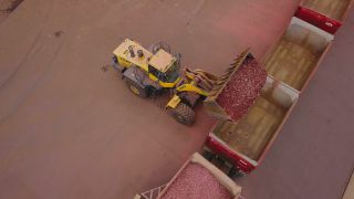 Link to Video | bird's-eye view, Schotterwerk, excavator, loader, railway, loading, aerial shot, industrial sector, train, freight train