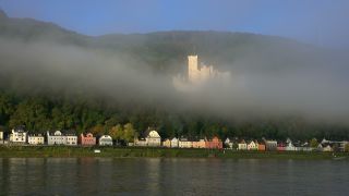 Link to Video | landscape, Rhineland-Palatinate, tourist destination, waterway, Koblenz-Stolzenfels, Germany, fog, river, natural watercourse, tourist attraction, Rhine, Stolzenfels Castle