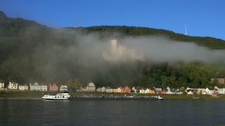 Link to Video | landscape, Rhineland-Palatinate, tourist destination, waterway, Koblenz-Stolzenfels, Germany, fog, river, natural watercourse, tourist attraction, Rhine, Stolzenfels Castle