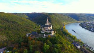 Link to Video | bird's-eye view, Rhineland-Palatinate, tourist destination, Germany, Marksburg, river, aerial shot, Braubach, tourist attraction, Rhine, point of interest