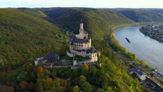 Link to Video | bird's-eye view, Rhineland-Palatinate, tourist destination, Germany, Marksburg, river, aerial shot, Braubach, tourist attraction, Rhine, point of interest