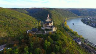 Link to Video | bird's-eye view, Rhineland-Palatinate, tourist destination, Germany, Marksburg, river, aerial shot, Braubach, tourist attraction, Rhine, point of interest