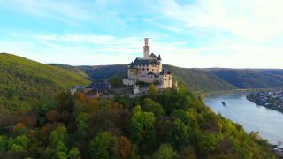 Link to Video | bird's-eye view, Rhineland-Palatinate, tourist destination, Germany, Marksburg, river, aerial shot, Braubach, tourist attraction, Rhine, point of interest