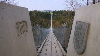 Link zum Video | Fußgängerbrücke, Landschaft, Rheinland-Pfalz, Tourismusziel, Brücke, Hängebrücke, Herbst, Nationalpark Hunsrück-Hochwald, Deutschland, Geierlay, Farbe, 4K, Hunsrück, Seilbrücke, Tal, Wald, Lichter Tag, Verbandsgemeinde Kastellaun, Sehenswürdigkeit, Mörsdorf, Natur, Rhein-Hunsrück-Kreis